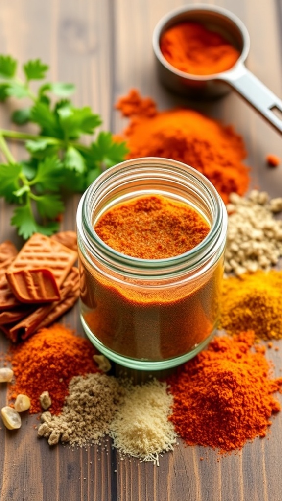 A jar of homemade taco seasoning with spices on a wooden table.
